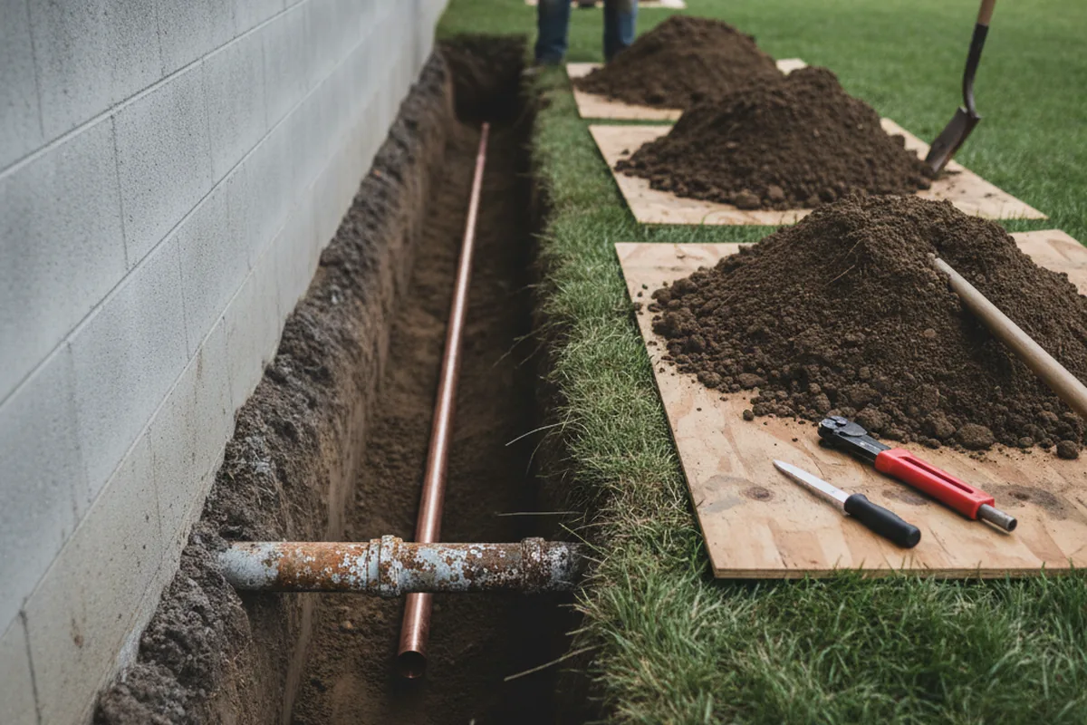 Excavated water line trench during Water Heater Repair in Edwall